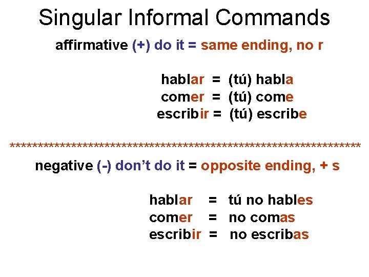 Singular Informal Commands affirmative (+) do it = same ending, no r hablar =