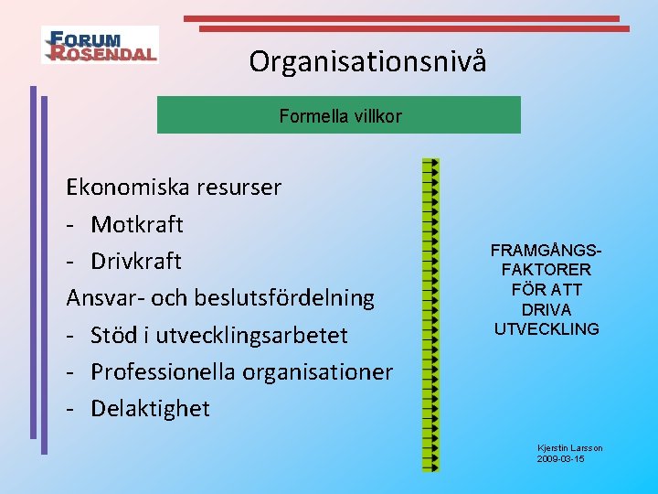 Organisationsnivå Formella villkor Ekonomiska resurser - Motkraft - Drivkraft Ansvar- och beslutsfördelning - Stöd