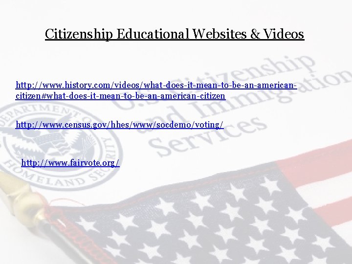Citizenship Educational Websites & Videos http: //www. history. com/videos/what-does-it-mean-to-be-an-americancitizen#what-does-it-mean-to-be-an-american-citizen http: //www. census. gov/hhes/www/socdemo/voting/ http: