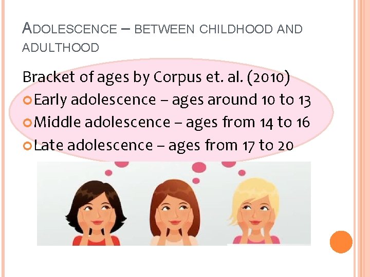 ADOLESCENCE – BETWEEN CHILDHOOD AND ADULTHOOD Bracket of ages by Corpus et. al. (2010)