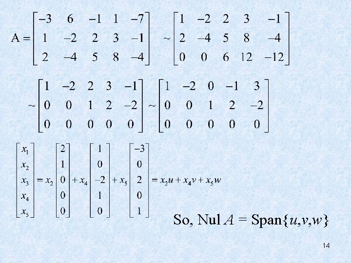 So, Nul A = Span{u, v, w} 14 