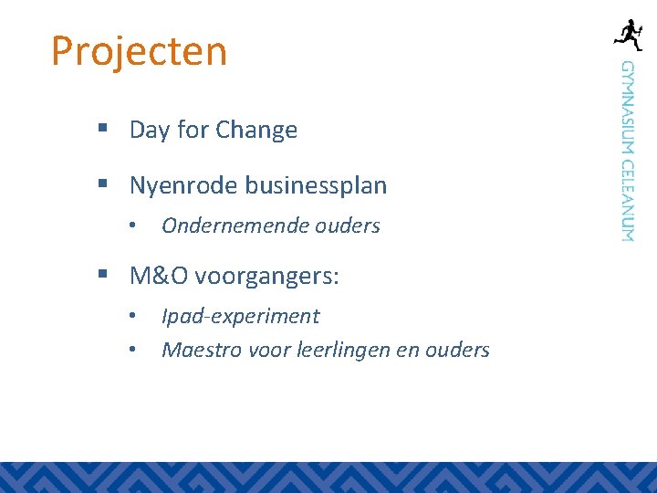 Projecten § Day for Change § Nyenrode businessplan • Ondernemende ouders § M&O voorgangers: