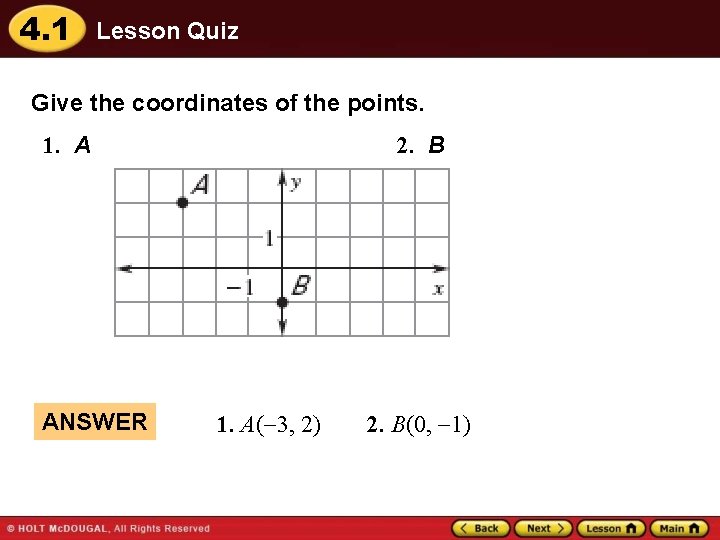 4. 1 Lesson Quiz Give the coordinates of the points. 1. A ANSWER 2.