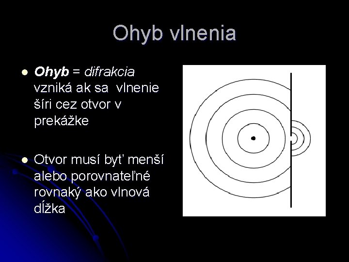 Ohyb vlnenia l Ohyb = difrakcia vzniká ak sa vlnenie šíri cez otvor v