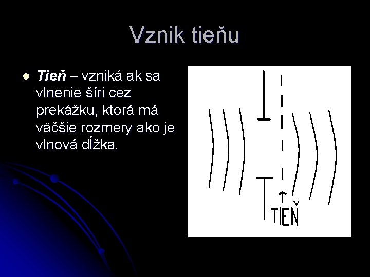 Vznik tieňu l Tieň – vzniká ak sa vlnenie šíri cez prekážku, ktorá má