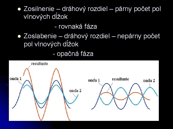 l l Zosilnenie – dráhový rozdiel – párny počet pol vlnových dĺžok - rovnaká