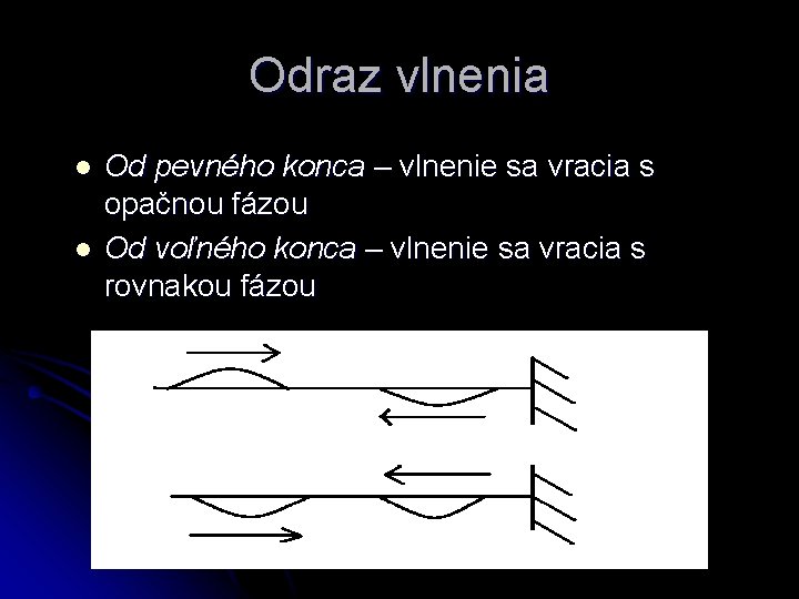 Odraz vlnenia l l Od pevného konca – vlnenie sa vracia s opačnou fázou