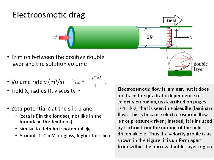 Electroosmotic drag • Friction between the positive double layer and the solution volume •