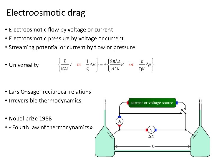Electroosmotic drag • Electroosmotic flow by voltage or current • Electroosmotic pressure by voltage