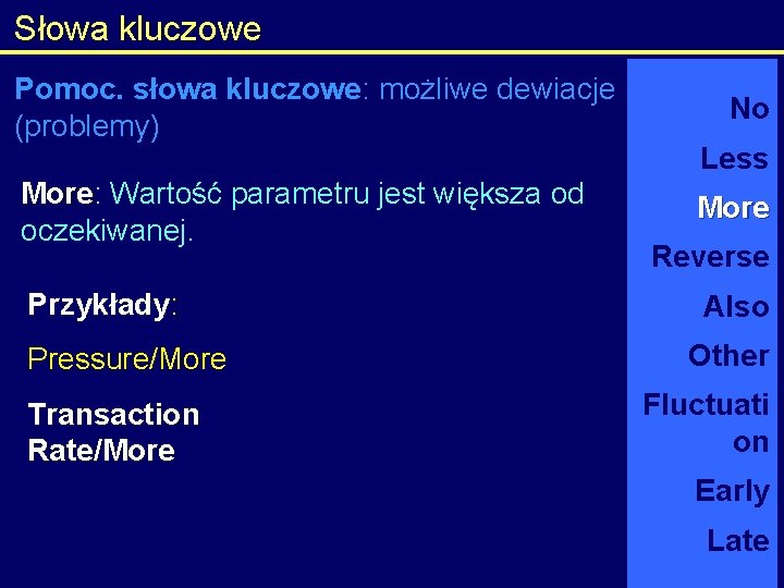 Słowa kluczowe Pomoc. słowa kluczowe: możliwe dewiacje (problemy) More: More Wartość parametru jest większa