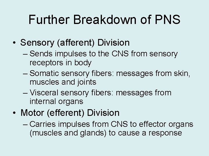 Further Breakdown of PNS • Sensory (afferent) Division – Sends impulses to the CNS