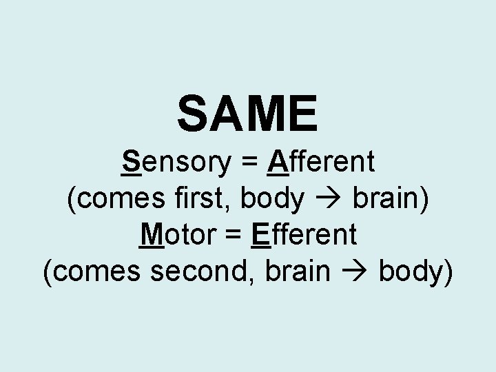 SAME Sensory = Afferent (comes first, body brain) Motor = Efferent (comes second, brain