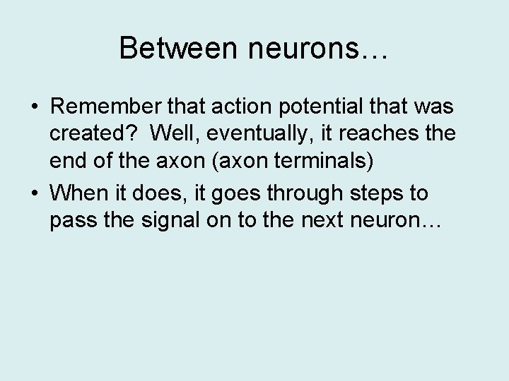 Between neurons… • Remember that action potential that was created? Well, eventually, it reaches