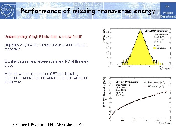 Performance of missing transverse energy Understanding of high ETmiss tails is crucial for NP