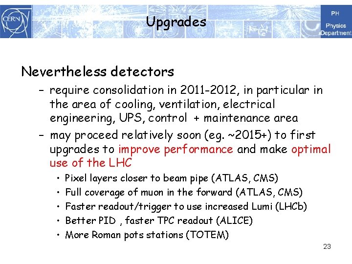 Upgrades Nevertheless detectors – require consolidation in 2011 -2012, in particular in the area