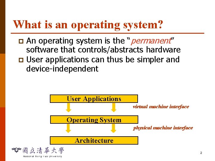 What is an operating system? An operating system is the “permanent” software that controls/abstracts
