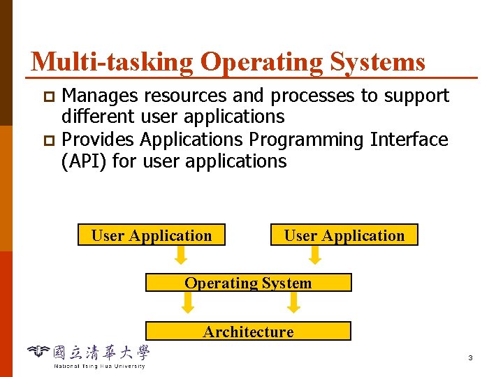 Multi-tasking Operating Systems Manages resources and processes to support different user applications p Provides