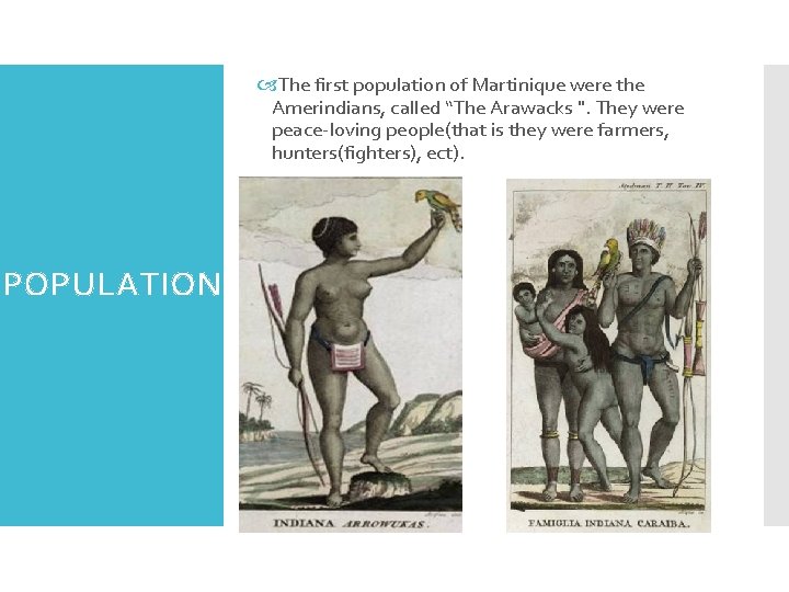  The first population of Martinique were the Amerindians, called “The Arawacks ". They