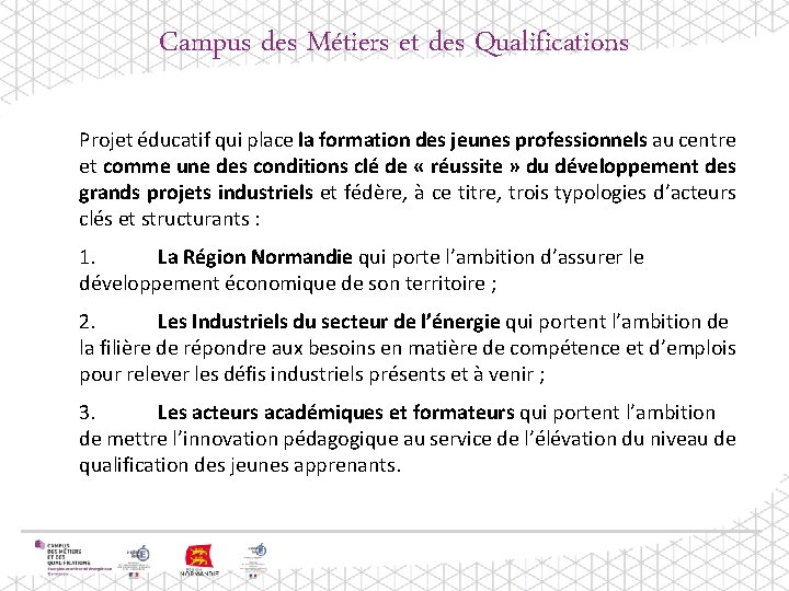 Campus des Métiers et des Qualifications Projet éducatif qui place la formation des jeunes