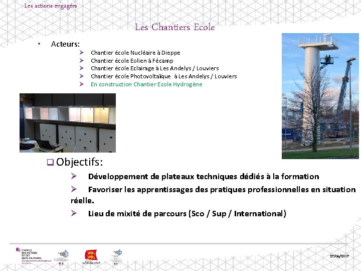 Les actions engagées • Acteurs: Ø Ø Ø Les Chantiers Ecole Chantier école Nucléaire