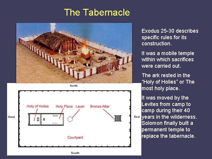 The Tabernacle Exodus 25 -30 describes specific rules for its construction. It was a