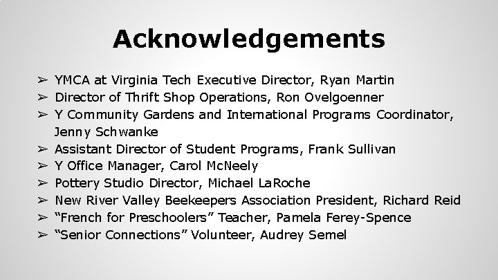 Acknowledgements ➢ YMCA at Virginia Tech Executive Director, Ryan Martin ➢ Director of Thrift