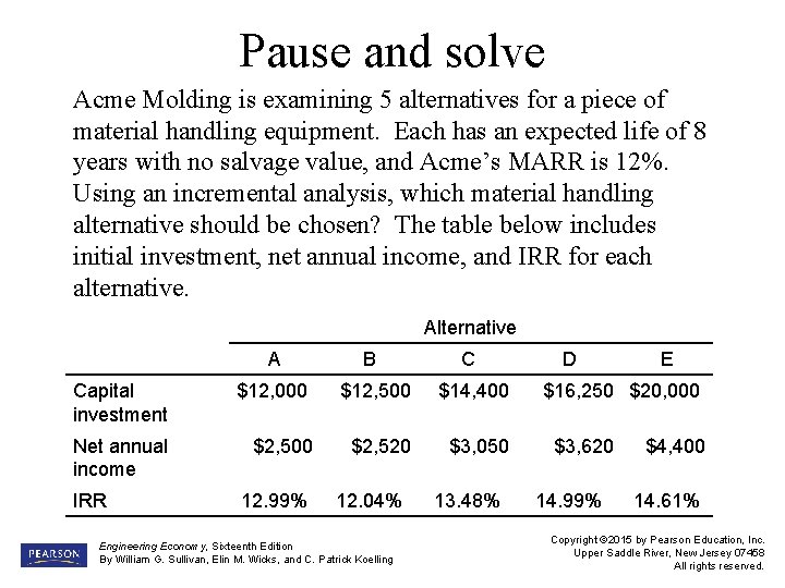 Pause and solve Acme Molding is examining 5 alternatives for a piece of material