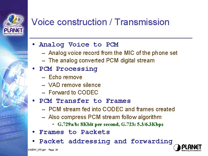Voice construction / Transmission • Analog Voice to PCM – Analog voice record from Voice construction / Transmission • Analog Voice to PCM – Analog voice record from