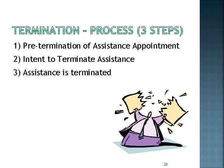 1) Pre-termination of Assistance Appointment 2) Intent to Terminate Assistance 3) Assistance is terminated