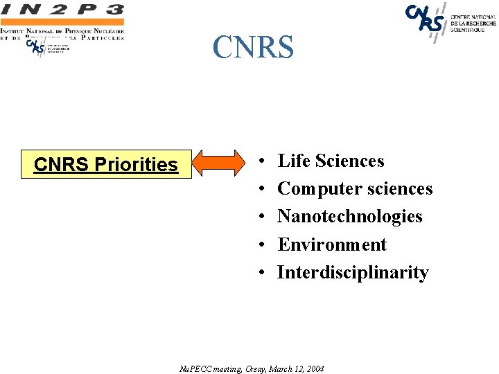 CNRS Priorities • • • Life Sciences Computer sciences Nanotechnologies Environment Interdisciplinarity Nu. PECC