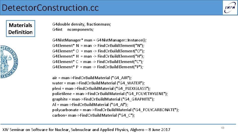 Detector. Construction. cc Materials Definition G 4 double density, fractionmass; G 4 int ncomponents;