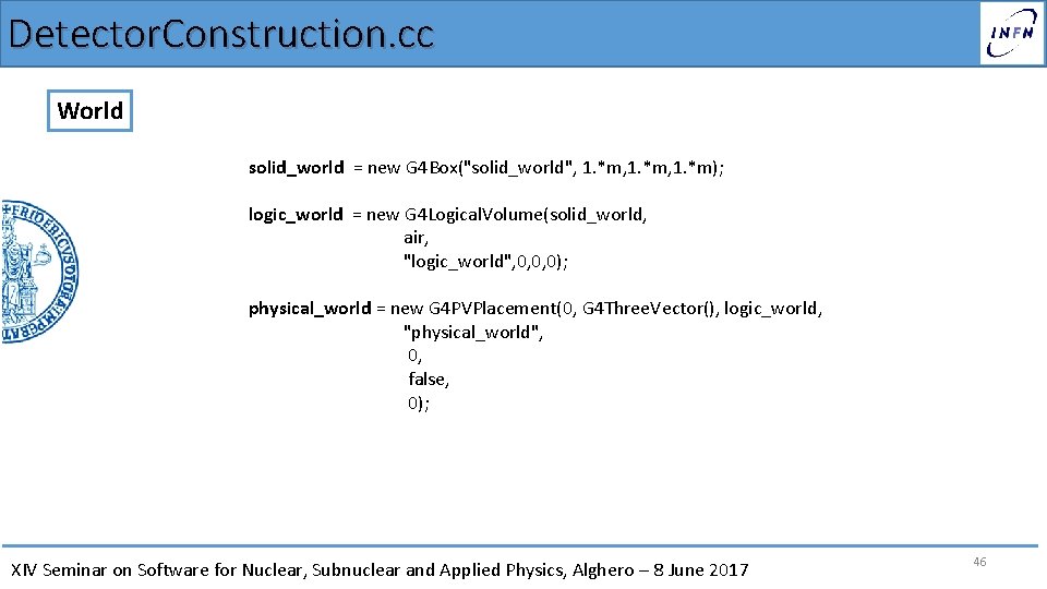 Detector. Construction. cc World solid_world = new G 4 Box("solid_world", 1. *m, 1. *m);