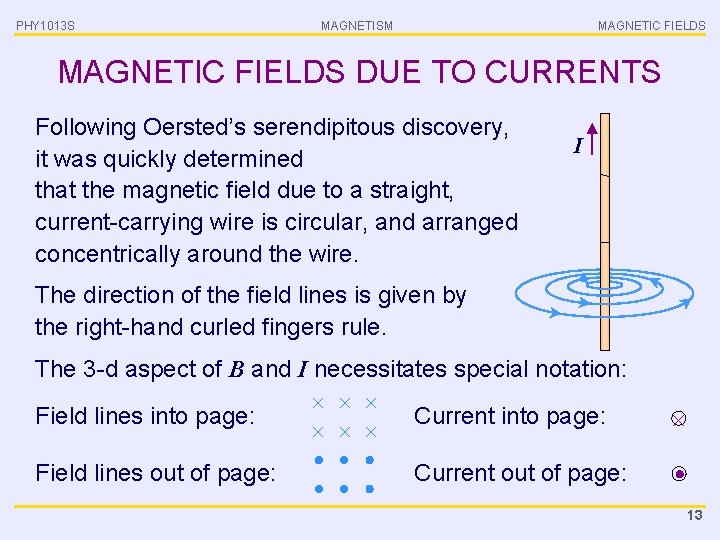 PHY 1013 S MAGNETISM MAGNETIC FIELDS DUE TO CURRENTS Following Oersted’s serendipitous discovery, it