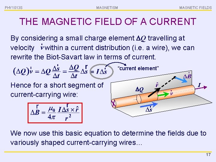 PHY 1013 S MAGNETISM MAGNETIC FIELDS THE MAGNETIC FIELD OF A CURRENT By considering