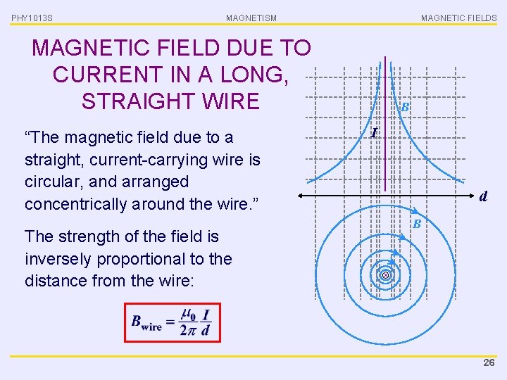 PHY 1013 S MAGNETISM MAGNETIC FIELDS MAGNETIC FIELD DUE TO CURRENT IN A LONG,