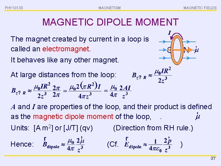 PHY 1013 S MAGNETISM MAGNETIC FIELDS MAGNETIC DIPOLE MOMENT The magnet created by current