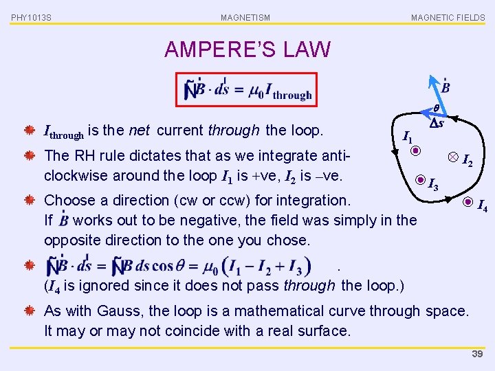 PHY 1013 S MAGNETISM MAGNETIC FIELDS AMPERE’S LAW Ithrough is the net current through