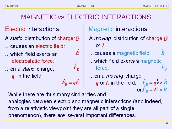 PHY 1013 S MAGNETISM MAGNETIC FIELDS MAGNETIC vs ELECTRIC INTERACTIONS Electric interactions: Magnetic interactions: