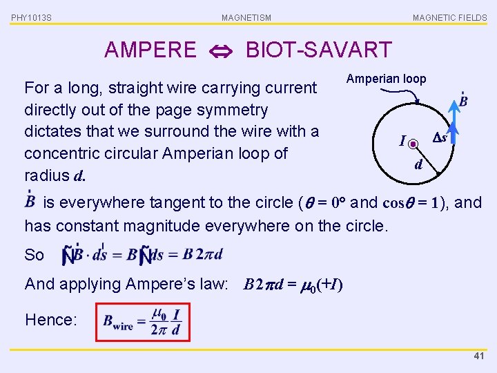 PHY 1013 S MAGNETISM MAGNETIC FIELDS AMPERE BIOT-SAVART For a long, straight wire carrying