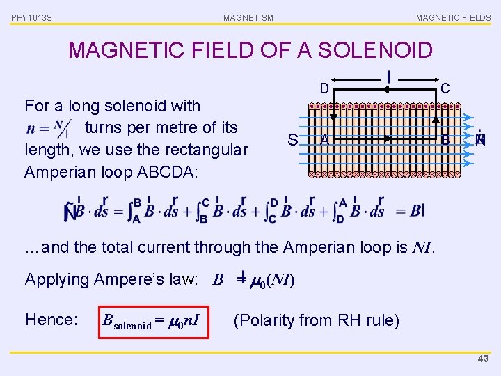 PHY 1013 S MAGNETISM MAGNETIC FIELDS MAGNETIC FIELD OF A SOLENOID For a long