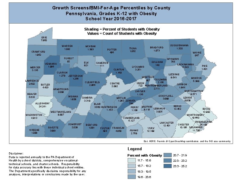 Growth Screens/BMI-For-Age Percentiles by County Pennsylvania, Grades K-12 with Obesity School Year 2016 -2017