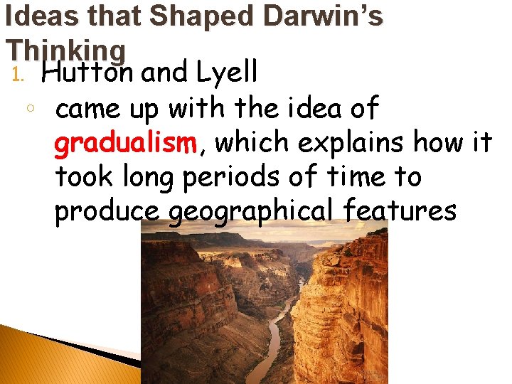 Ideas that Shaped Darwin’s Thinking 1. Hutton and Lyell ◦ came up with the