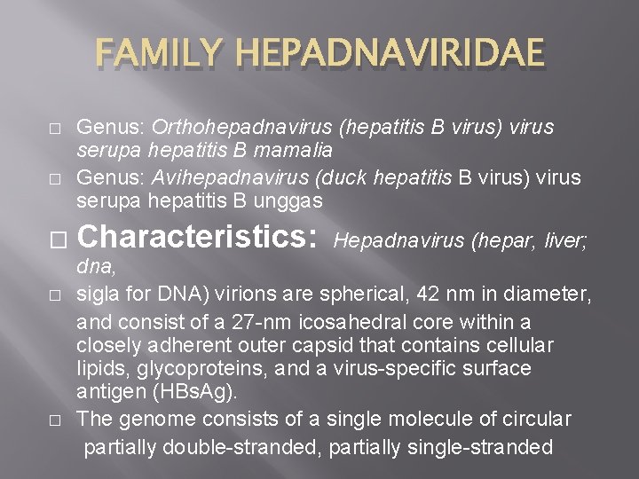FAMILY HEPADNAVIRIDAE � � � Genus: Orthohepadnavirus (hepatitis B virus) virus serupa hepatitis B