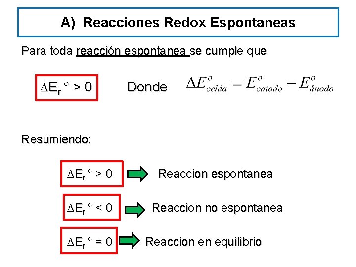 A) Reacciones Redox Espontaneas Para toda reacción espontanea se cumple que ∆Er ° >