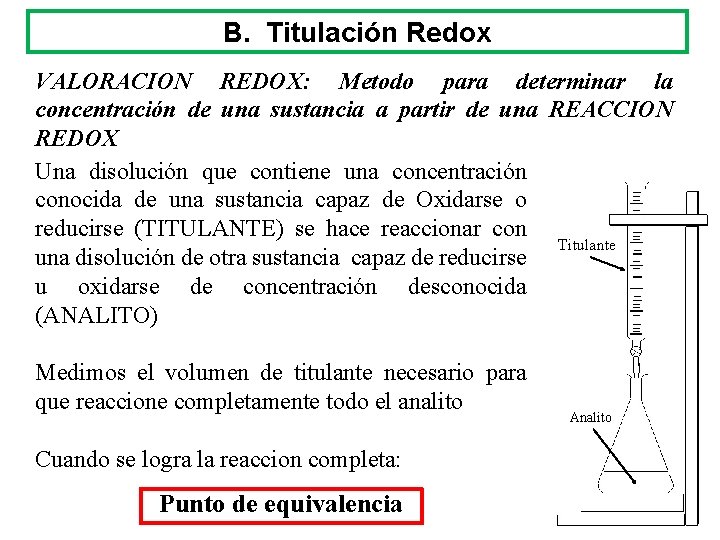 B. Titulación Redox VALORACION REDOX: Metodo para determinar la concentración de una sustancia a