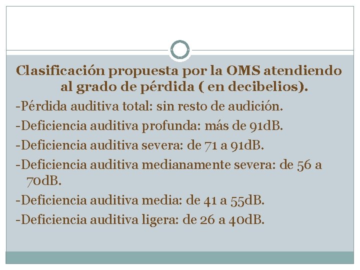 Clasificación propuesta por la OMS atendiendo al grado de pérdida ( en decibelios). -Pérdida