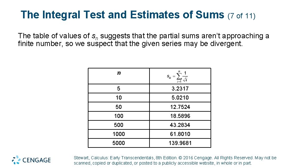 The Integral Test and Estimates of Sums (7 of 11) The table of values