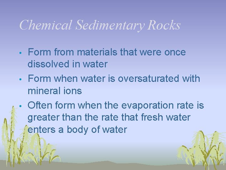 Chemical Sedimentary Rocks • • • Form from materials that were once dissolved in