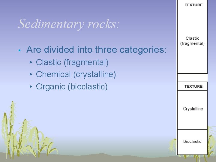 Sedimentary rocks: • Are divided into three categories: • Clastic (fragmental) • Chemical (crystalline)