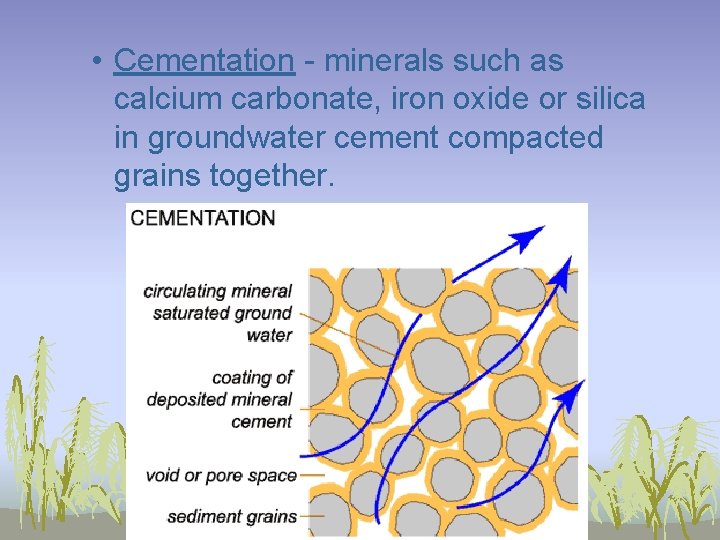  • Cementation - minerals such as calcium carbonate, iron oxide or silica in